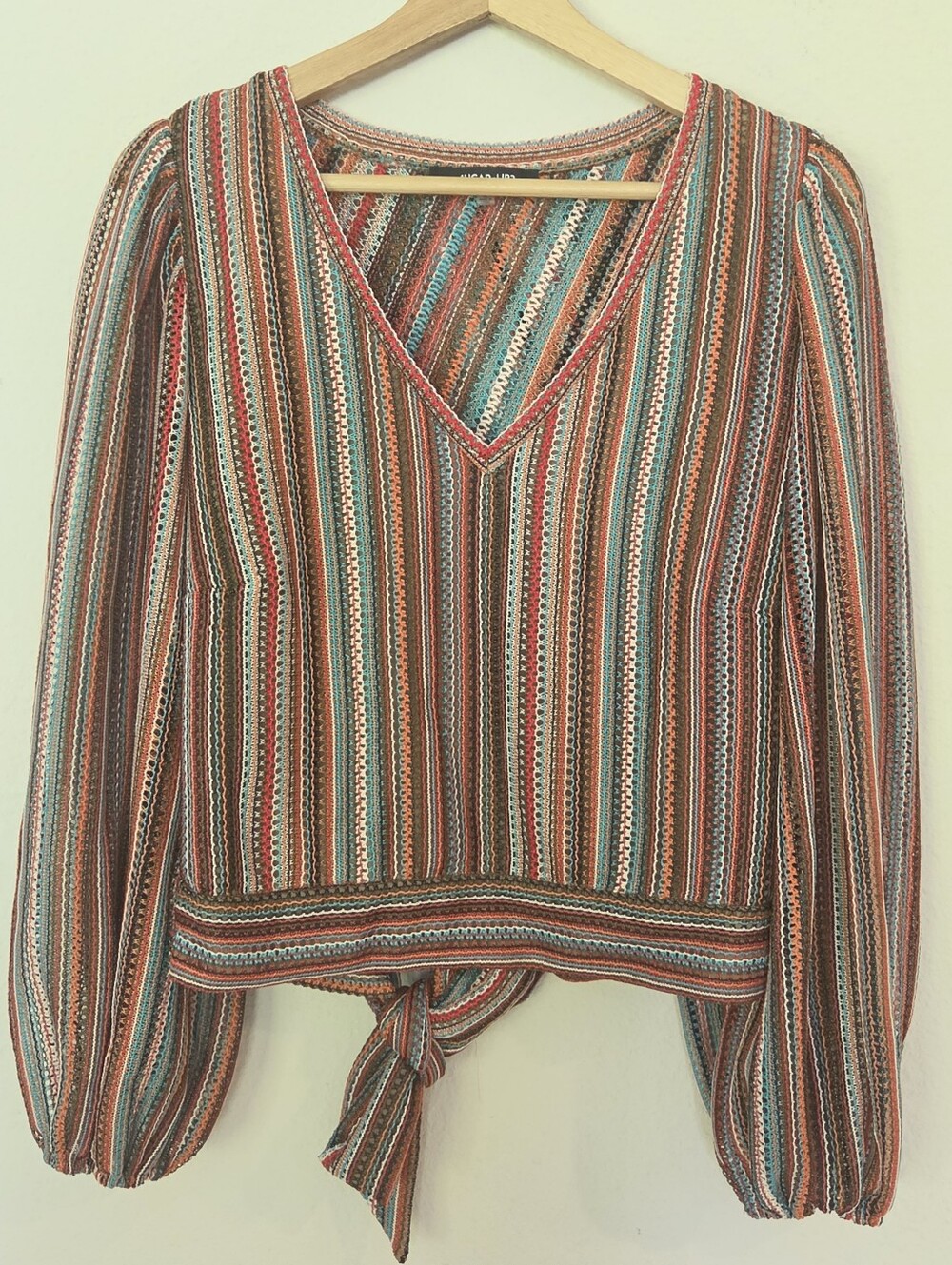 Sugarlips Striped VNeck Tie Back Mupticolor Net Top